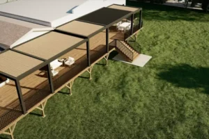 Siyah Çerçeve ve Ahşap Kaplama Panjurlu Pergola